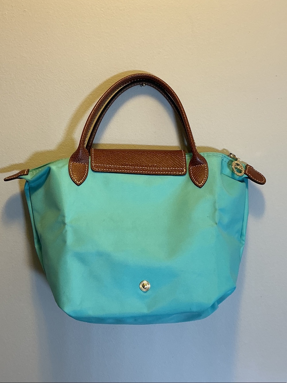 Longchamp Turquoise Nylon Le Pliage Tote with Brown Leather Trim - Picture 5 of 14